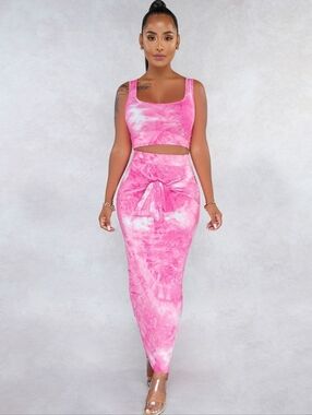 Pink Tie-Dye High-Waist Maxi Skirt Set